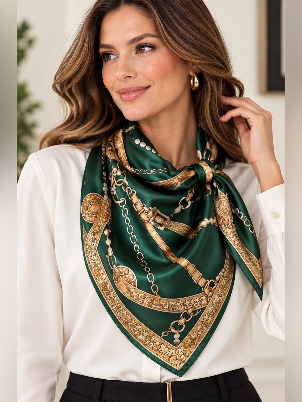 100% Mulberry Silk Equestrian Scarf Emerald Green Gold Chain Square Quiet Luxury